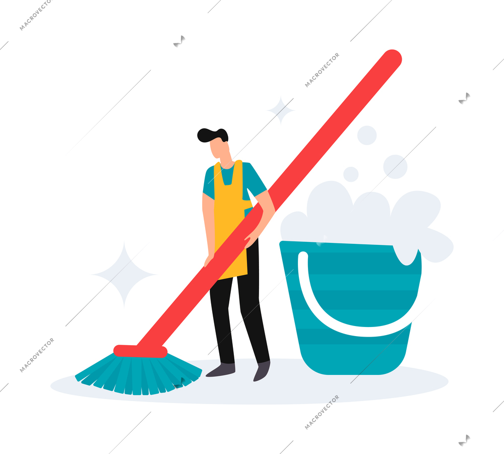 Professional home cleaning service icon with male cleaner mopping floor with broom and bucket flat vector illustration