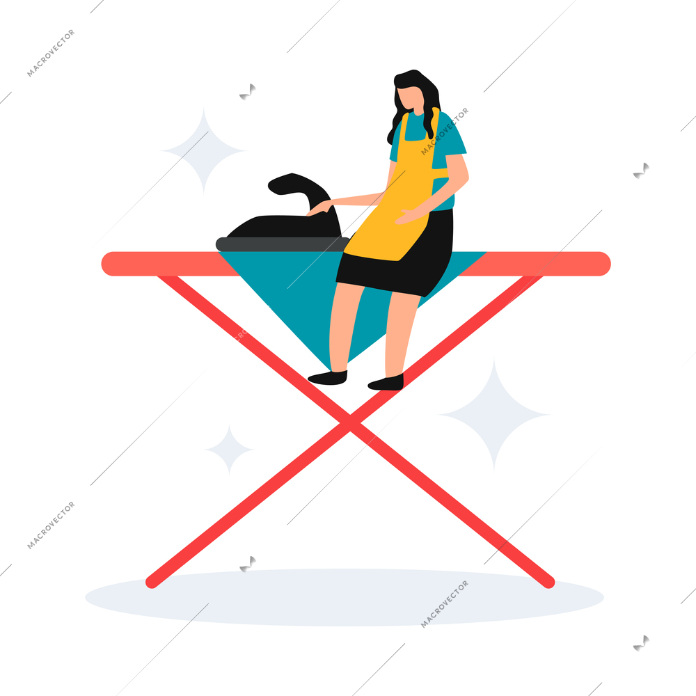 Home cleaning service flat icon with female character sitting on ironing board vector illustration