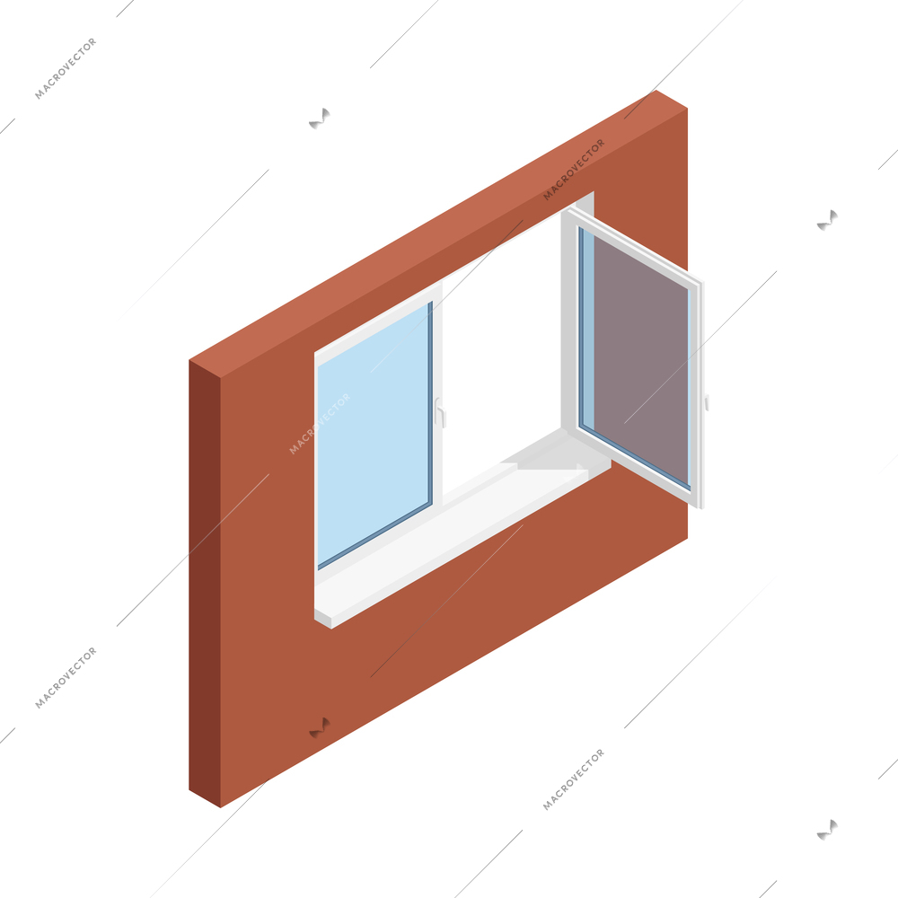 Isometric icon with installed open two fold pvc window 3d vector illustration