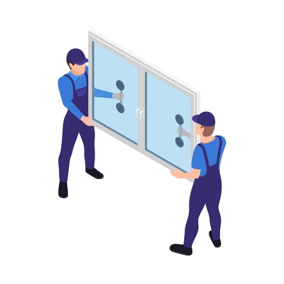 Two workers in uniform carrying new pvc window isometric icon 3d vector illustration
