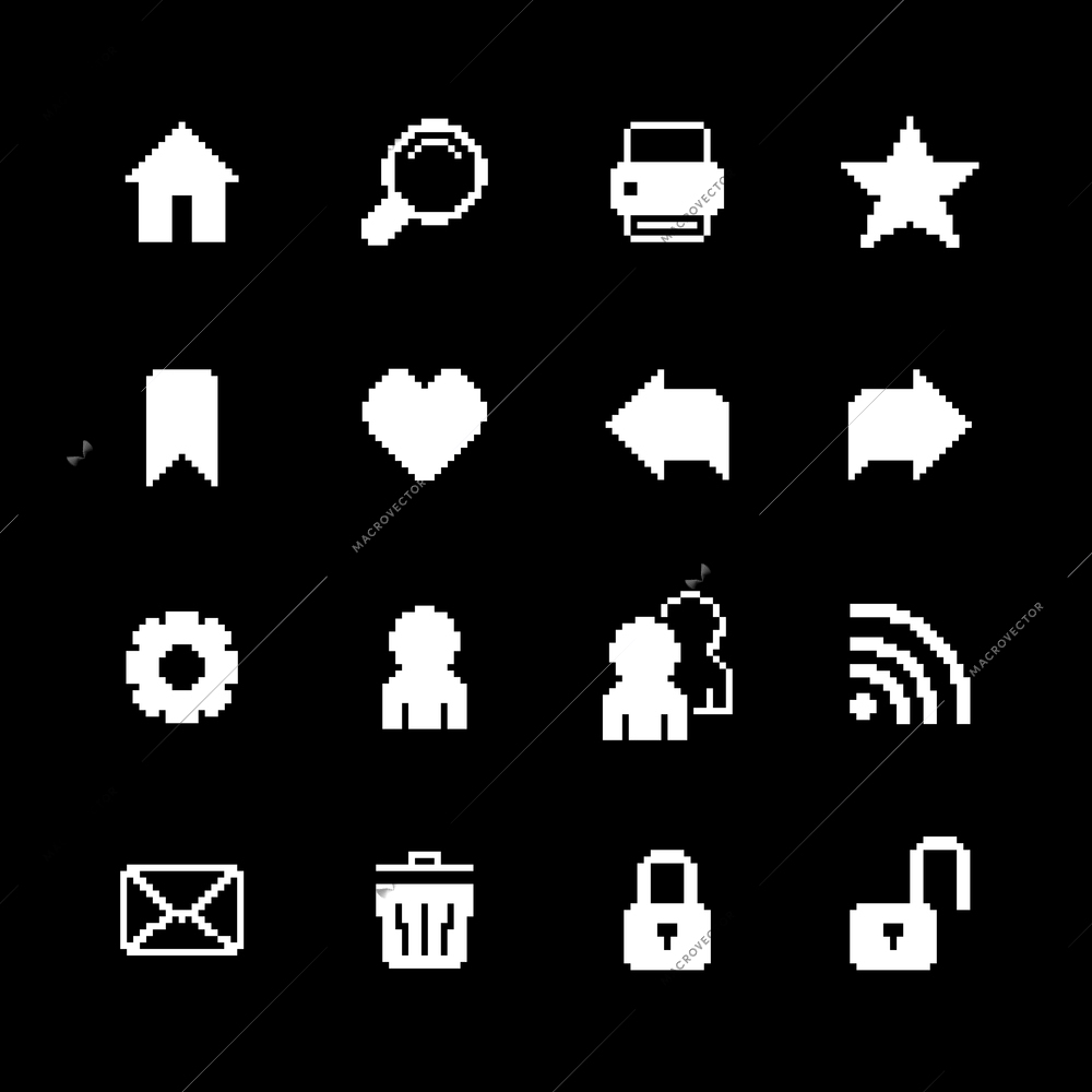 Contrast pixel icons set for interface design of rss feed email and home isolated vector illustration