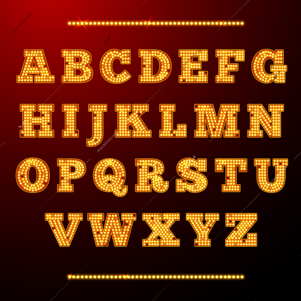 Lamp light alphabet shining letters neon retro font vector illustration