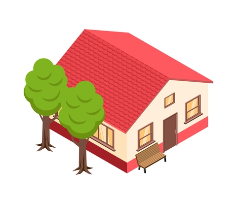 Isometric real estate icon with 3d private house bench and green trees vector illustration