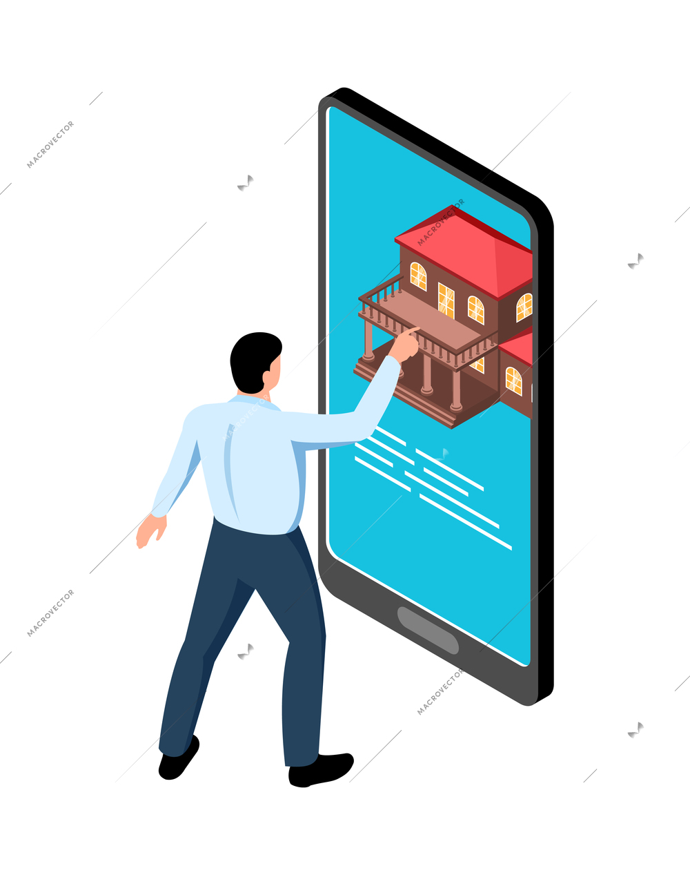 Real estate agency icon with man looking for house using smartphone 3d isometric vector illustration