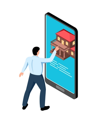 Real estate agency icon with man looking for house using smartphone 3d isometric vector illustration