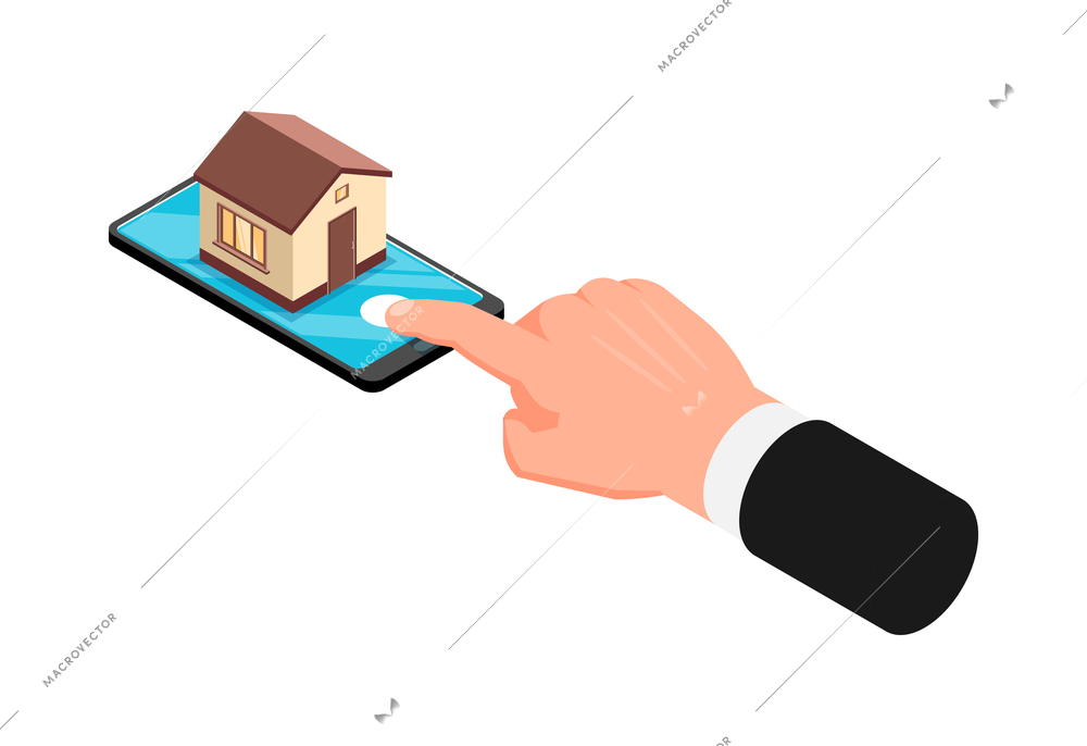 Isometric real estate agency icon with human hand smarphone and house 3d vector illustration