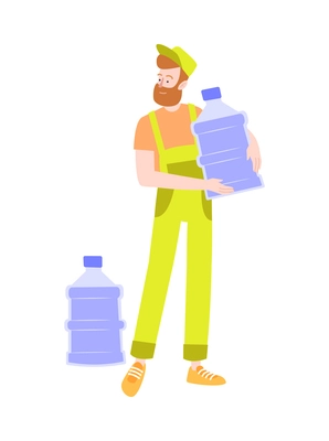 Water delivery service flat icon with male courier holding big bottle for cooler vector illustration