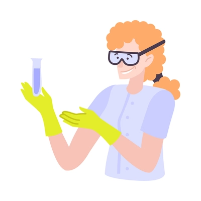 Smiling female scientist in glasses and gloves holding laboratory tube with liquid flat vector illustration