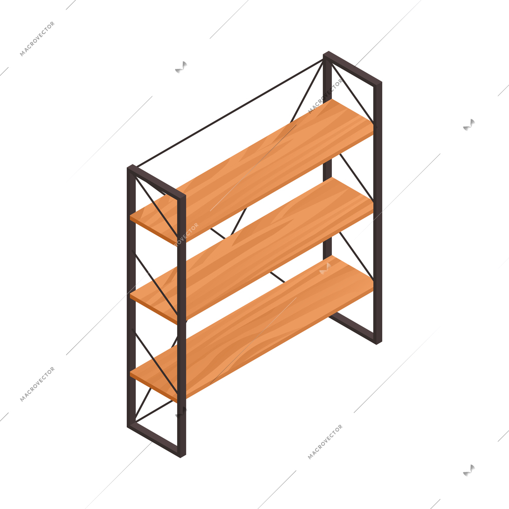 Isometric empty rack with four wooden shelves for modern loft interior 3d vector illustration