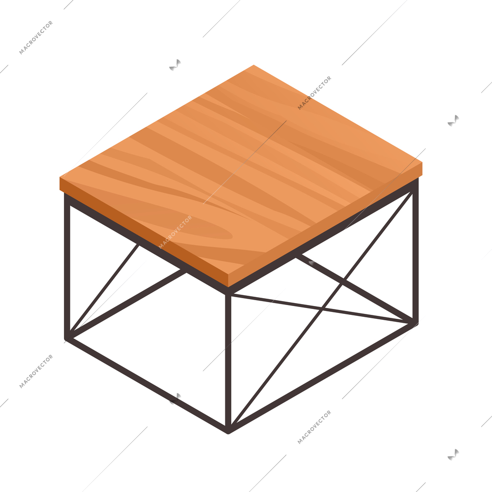 Modern loft coffee table with wooden top on white background isometric vector illustration