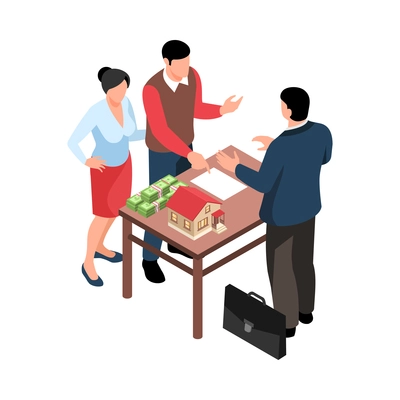 Isometric icon with real estate agent and clients buying house 3d vector illustration