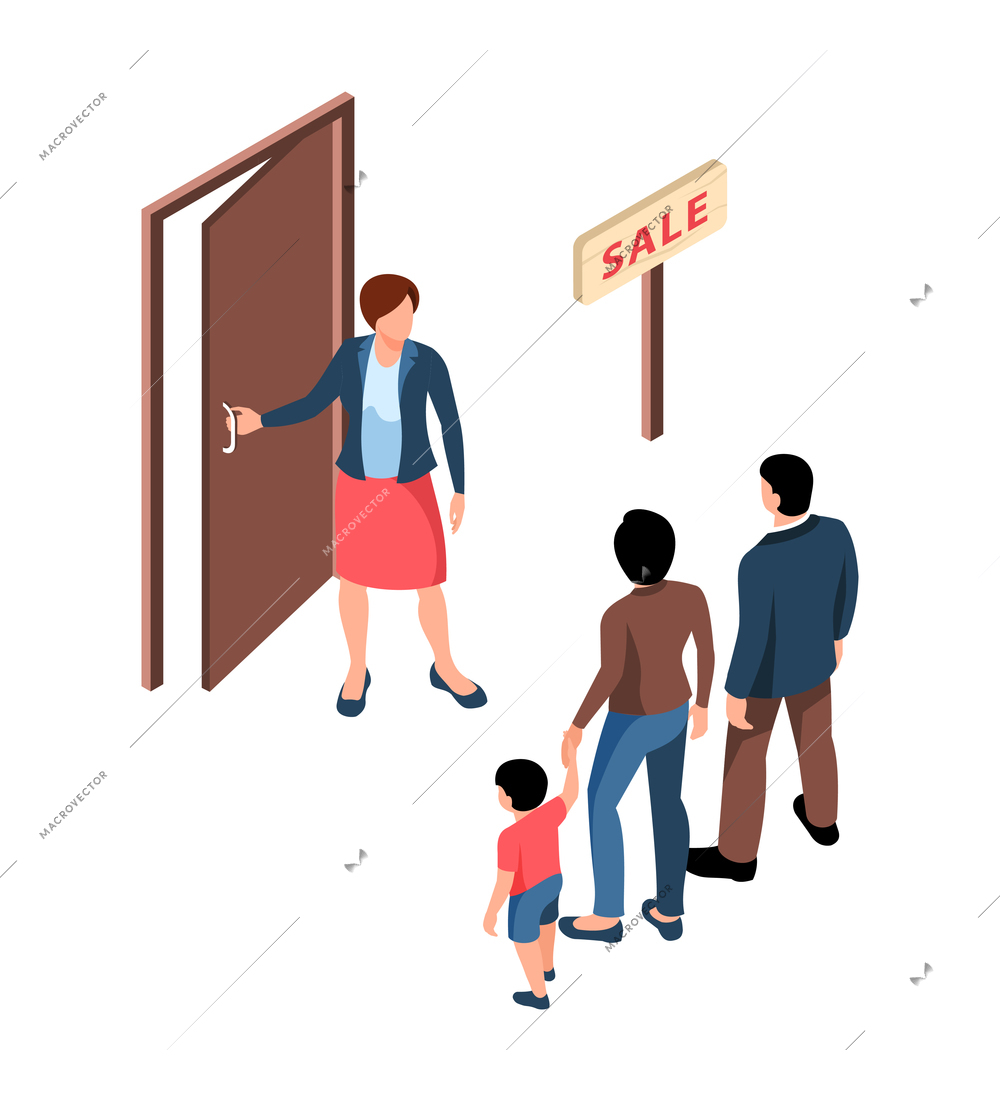 Isometric icon with real estate agent opening door to family 3d isolated vector illustration