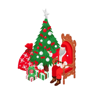 Santa claus sitting next to christmas tree bag and boxes with present? isometric color icon 3d vector illustration