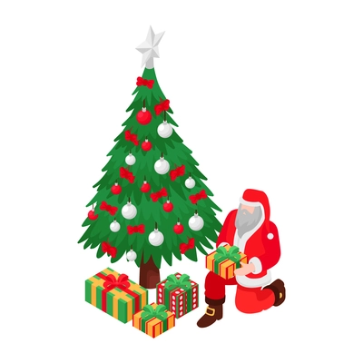 Isometric santa claus putting gift boxes under christmas tree 3d icon vector illustration