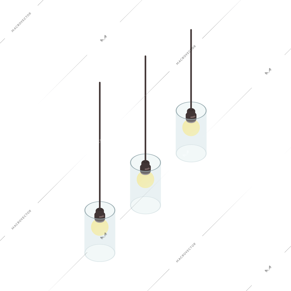 Modern loft style glass chandelier with three light bulbs 3d isometric isolated vector illustration