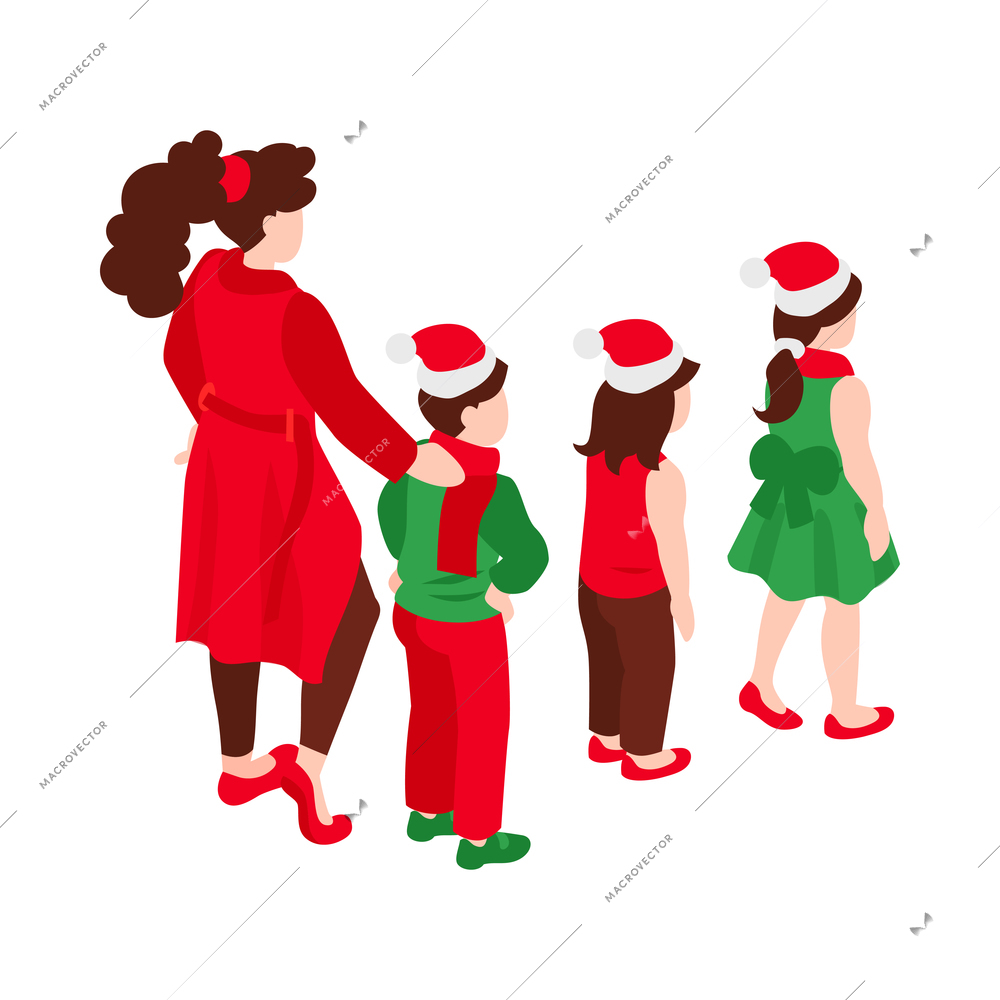 Christmas isometric icon with standing in line woman and children wearing red santa claus hats 3d vector illustration