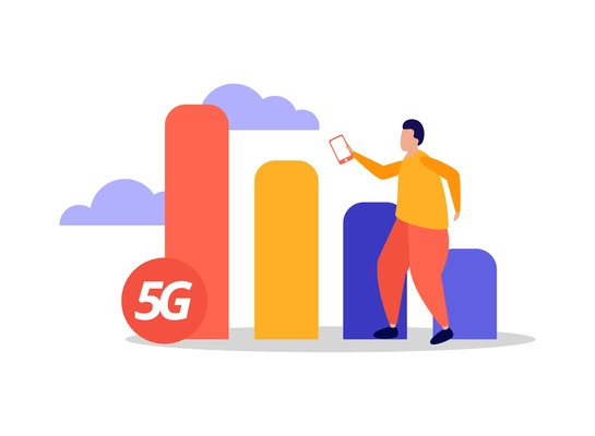 Flat high speed 5g internet mobile communication cloud technology icon with human character vector illustration