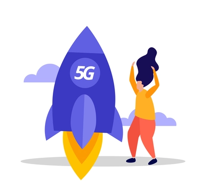 High speed 5g internet flat color icon with human character and rocket vector illustration