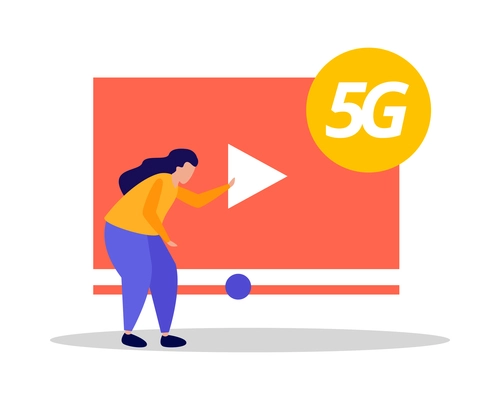 5g internet wireless connection flat icon with woman pressing video play button vector illustration