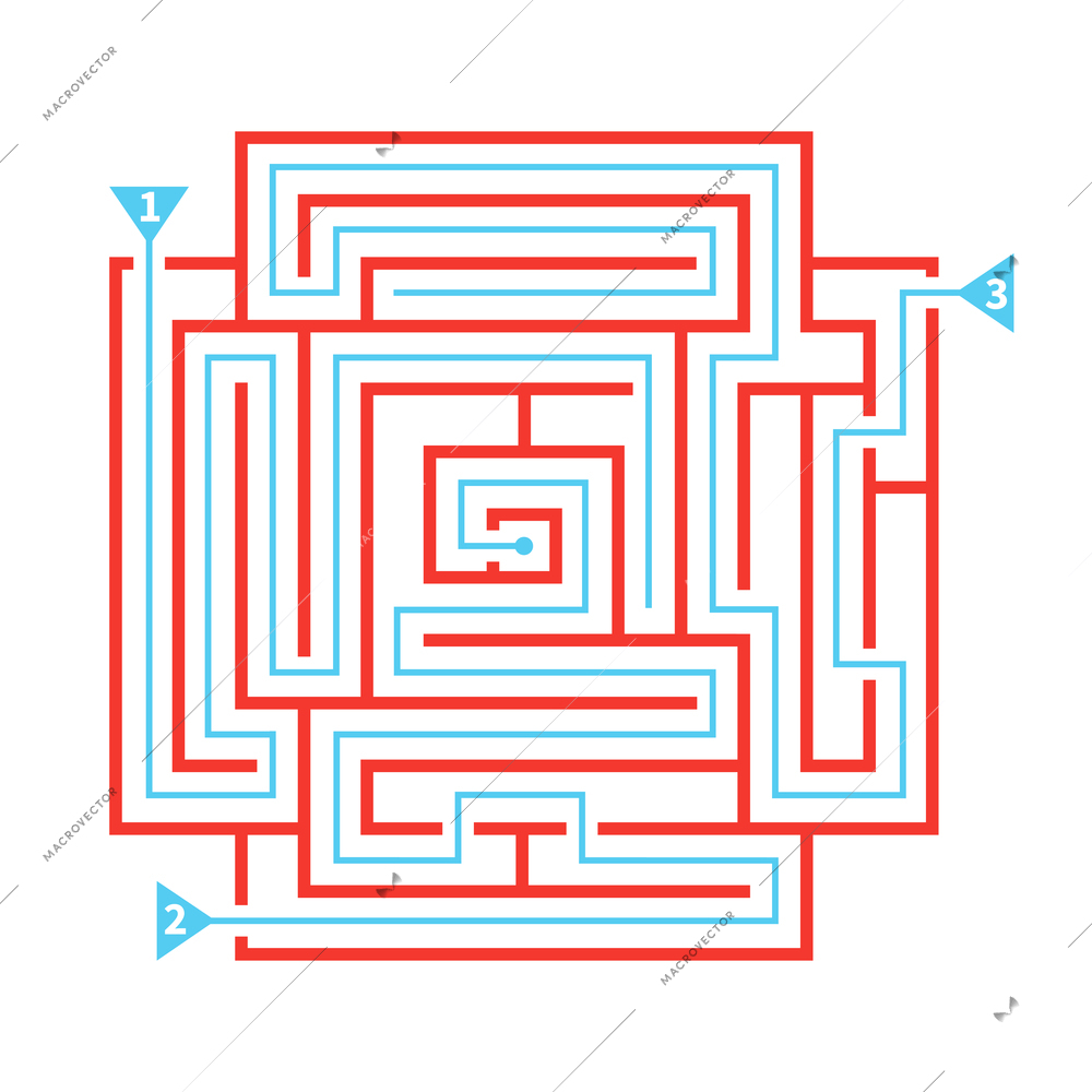 Labyrinth game with marked solution paths in red color flat vector illustration