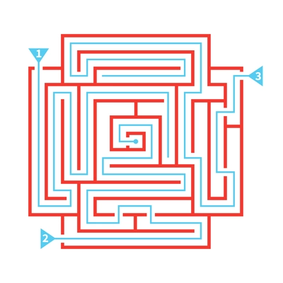 Labyrinth game with marked solution paths in red color flat vector illustration