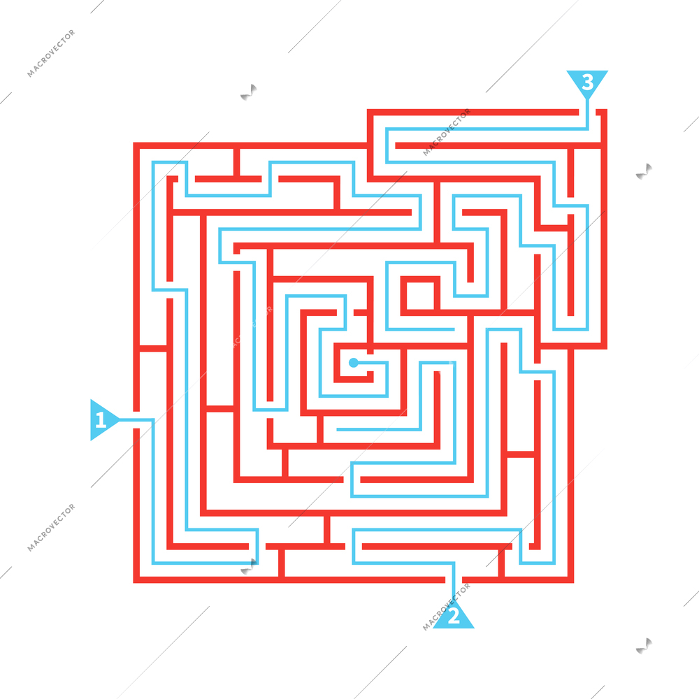 Red labyrinth game scheme with three exits and marked ways flat vector illustration