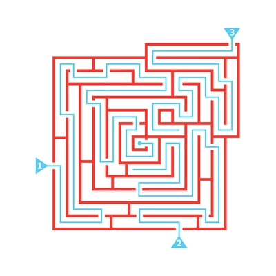 Red labyrinth game scheme with three exits and marked ways flat vector illustration