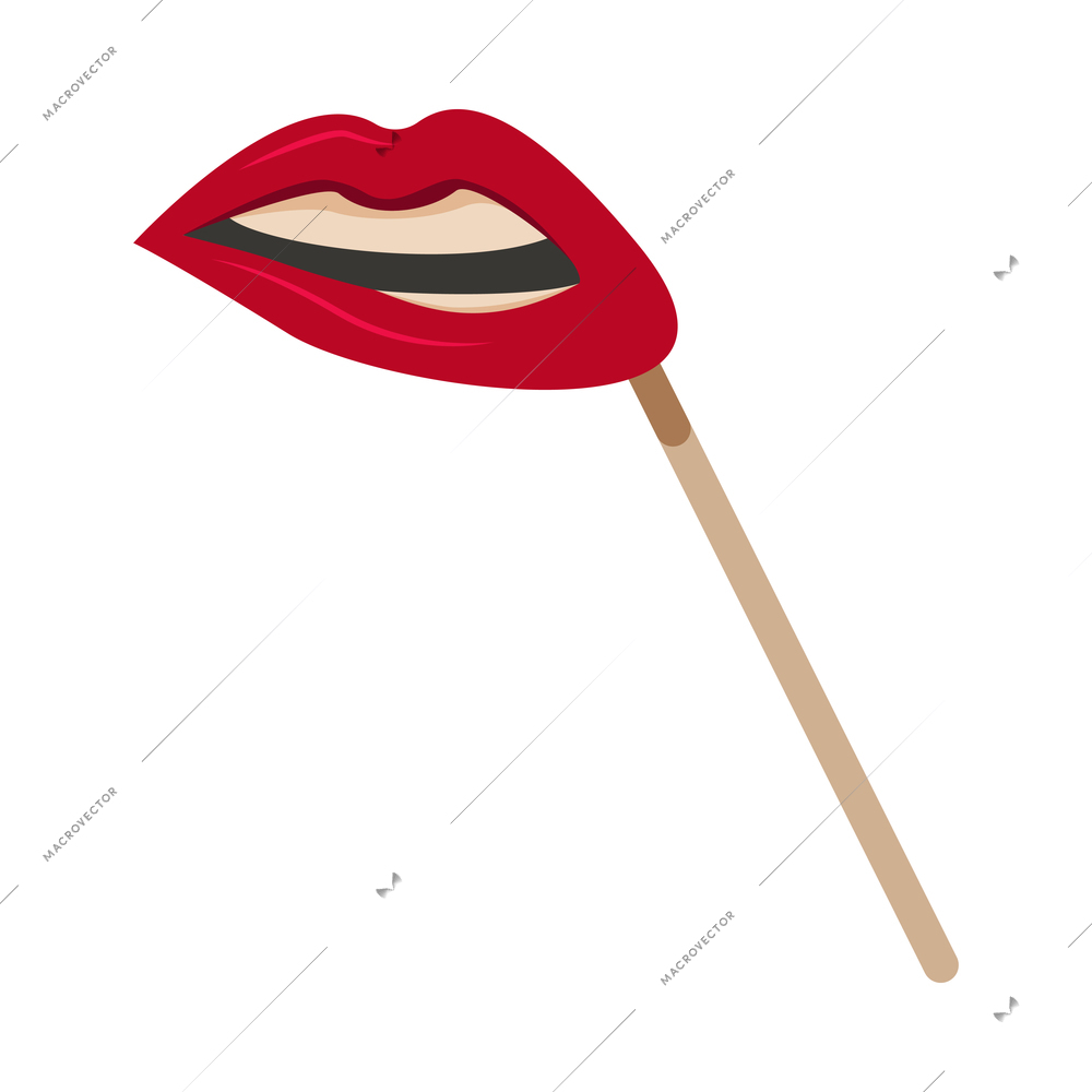 Photo booth props on stick with female red lips on white background flat vector illustration