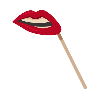 Photo booth props on stick with female red lips on white background flat vector illustration