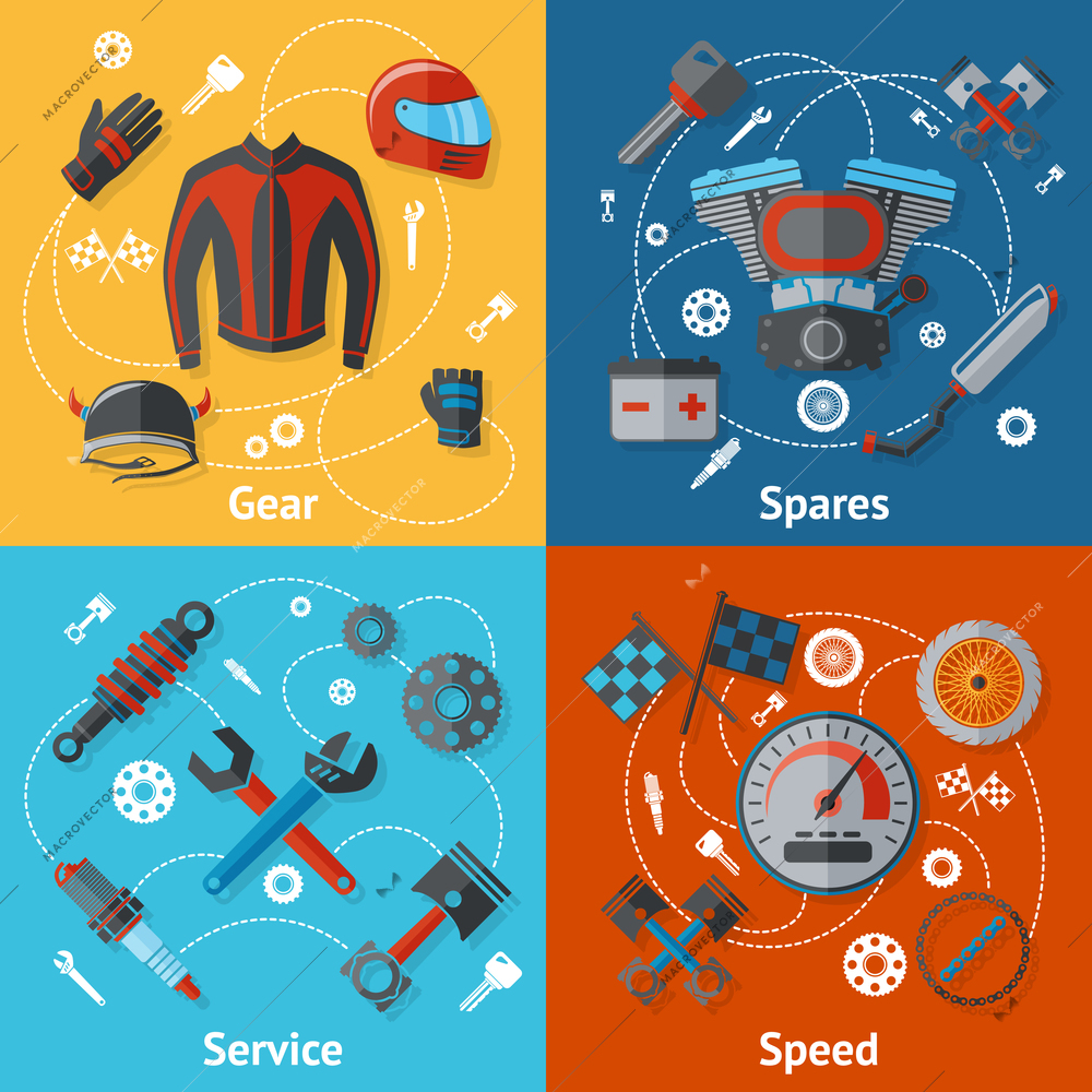 Motorcycle parts flat icon set with gear spares service speed isolated vector illustration