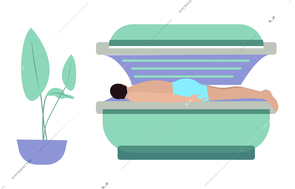 Man lying on his belly in solarium in spa salon flat vector illustration