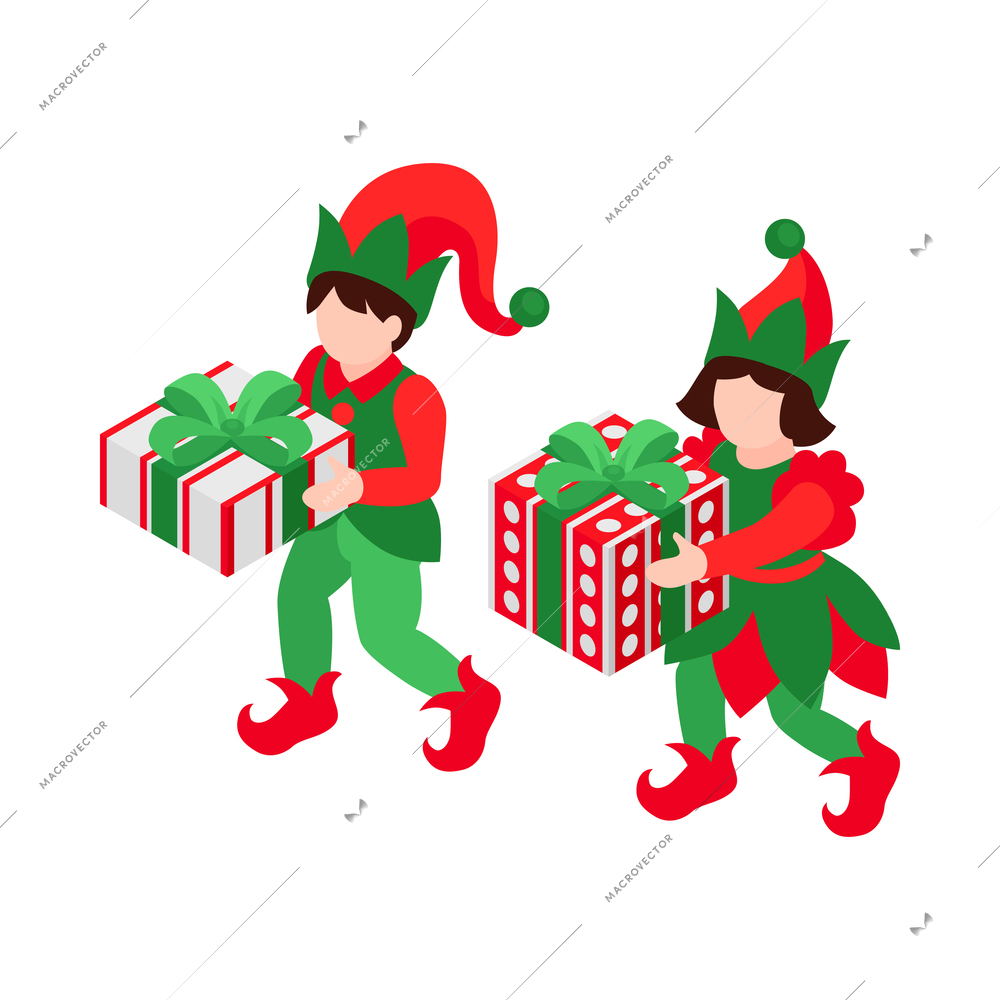 Two christmas elves in bright green and red costumes carrying gift boxes isometric icon isolated 3d vector illustration