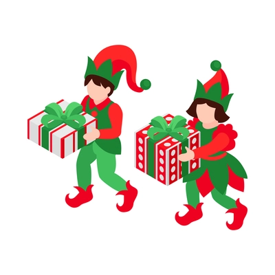 Two christmas elves in bright green and red costumes carrying gift boxes isometric icon isolated 3d vector illustration