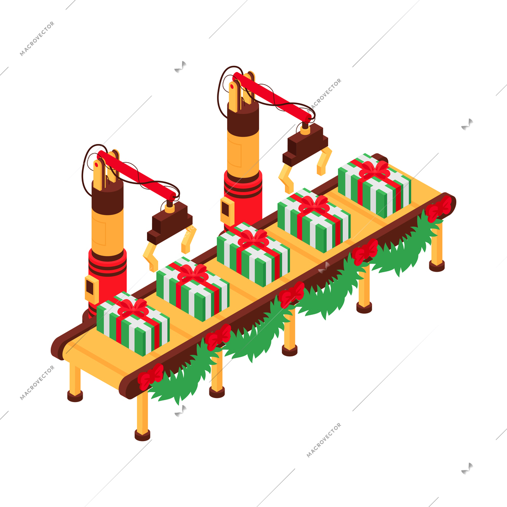 Isometric icon with gift boxes on assembly line in santa claus workshop 3d vector illustration