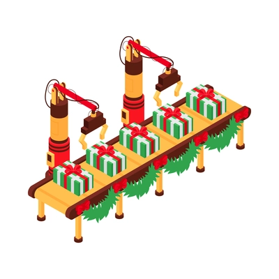 Isometric icon with gift boxes on assembly line in santa claus workshop 3d vector illustration