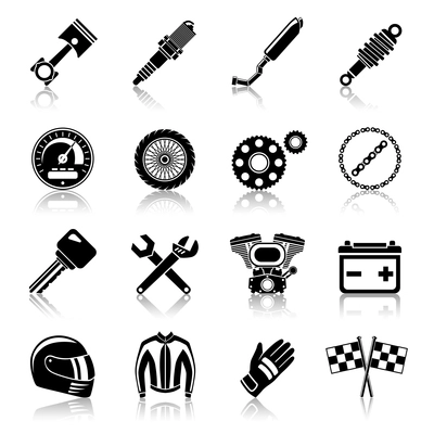 Motorcycle parts black icon set with helmet spanner tires isolated vector illustration