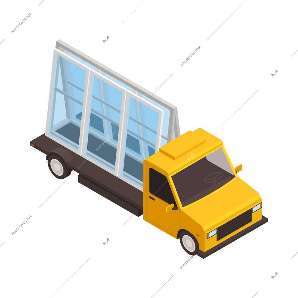 Isometric icon with delivery service truck transporting new pvc windows 3d vector illustration