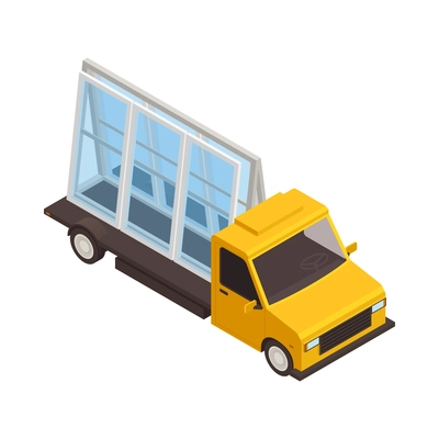 Isometric icon with delivery service truck transporting new pvc windows 3d vector illustration