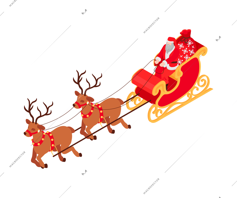Isometric icon with santa claus carrying presents riding in sleigh with reindeer 3d vector illustration
