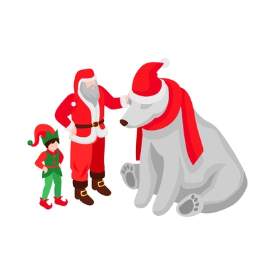 Isometric christmas icon with santa claus elf and polar bear wearing red hat and scarf vector illustration