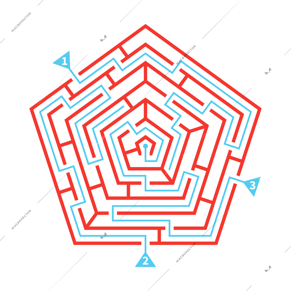 Labyrinth game red scheme in pentagon shape with marked ways flat vector illustration