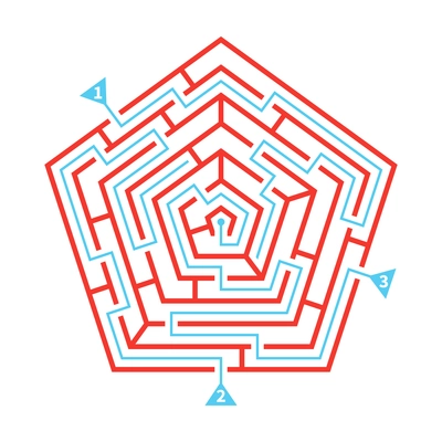 Labyrinth game red scheme in pentagon shape with marked ways flat vector illustration