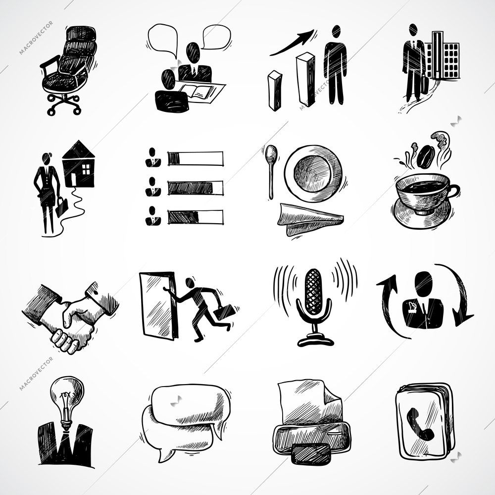 Office business sketch icons set with tea cup handshake chart isolated vector illustration