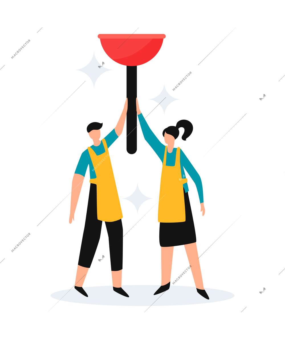 Cleaning service flat icon with two workers in uniform holding plunger vector illustration