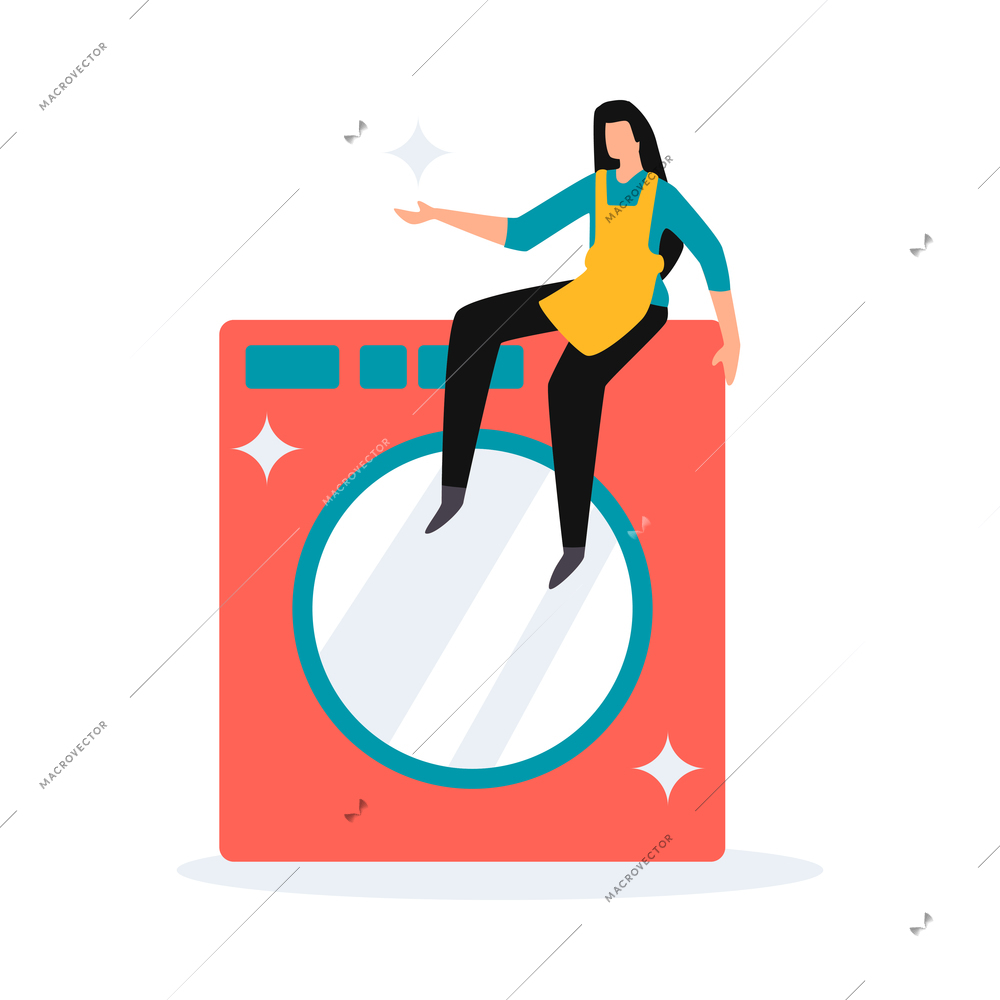 Flat home cleaning service icon with female character sitting on sparkling washing machine vector illustration