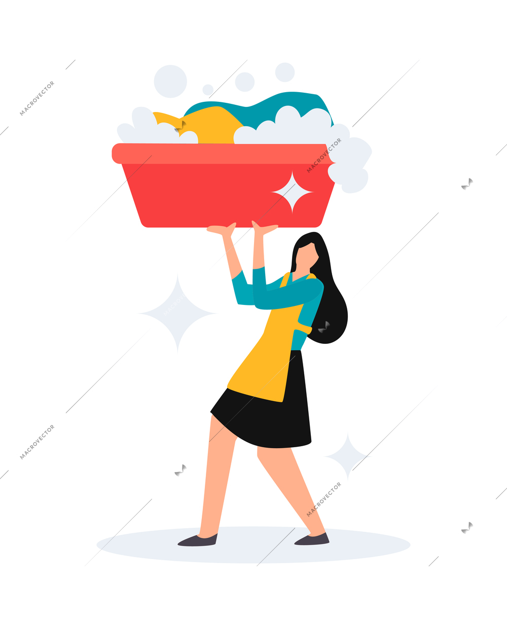 Flat icon with cleaning service worker in uniform doing laundry carrying basin with clothing vector illustration
