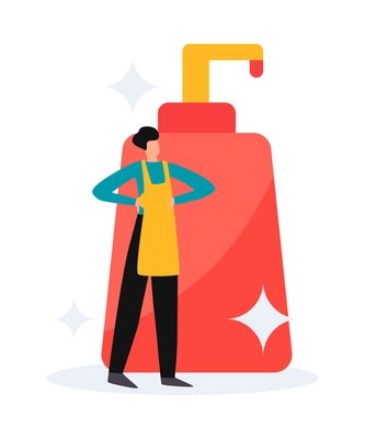 Flat cleaning service icon with male cleaner and bottle of soap or detergent vector illustration