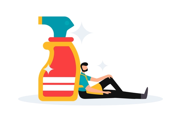 Flat professional cleaning service icon with bottle of detergent and male cleaner vector illustration