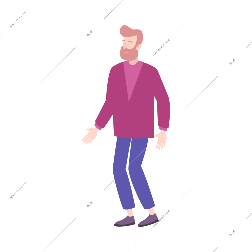 Young bearded man wearing casual clothes on white background flat vector illustration