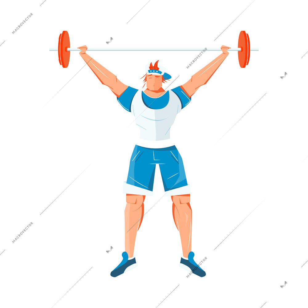 Man doing sports workout with barbell flat healthy lifestyle icon vector illustration